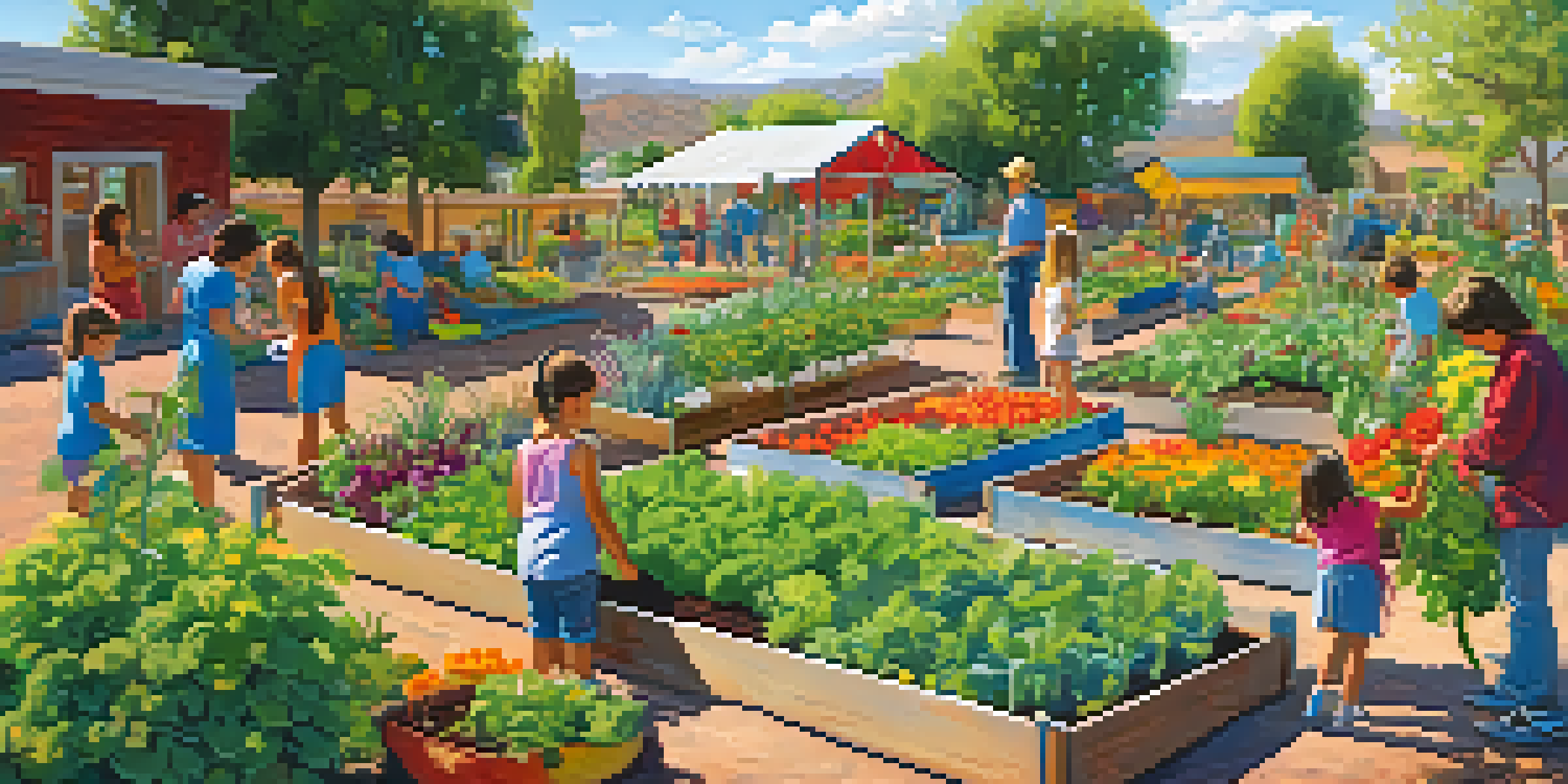 A lively community garden in Arizona with families and children enjoying gardening and playtime under a sunny sky.