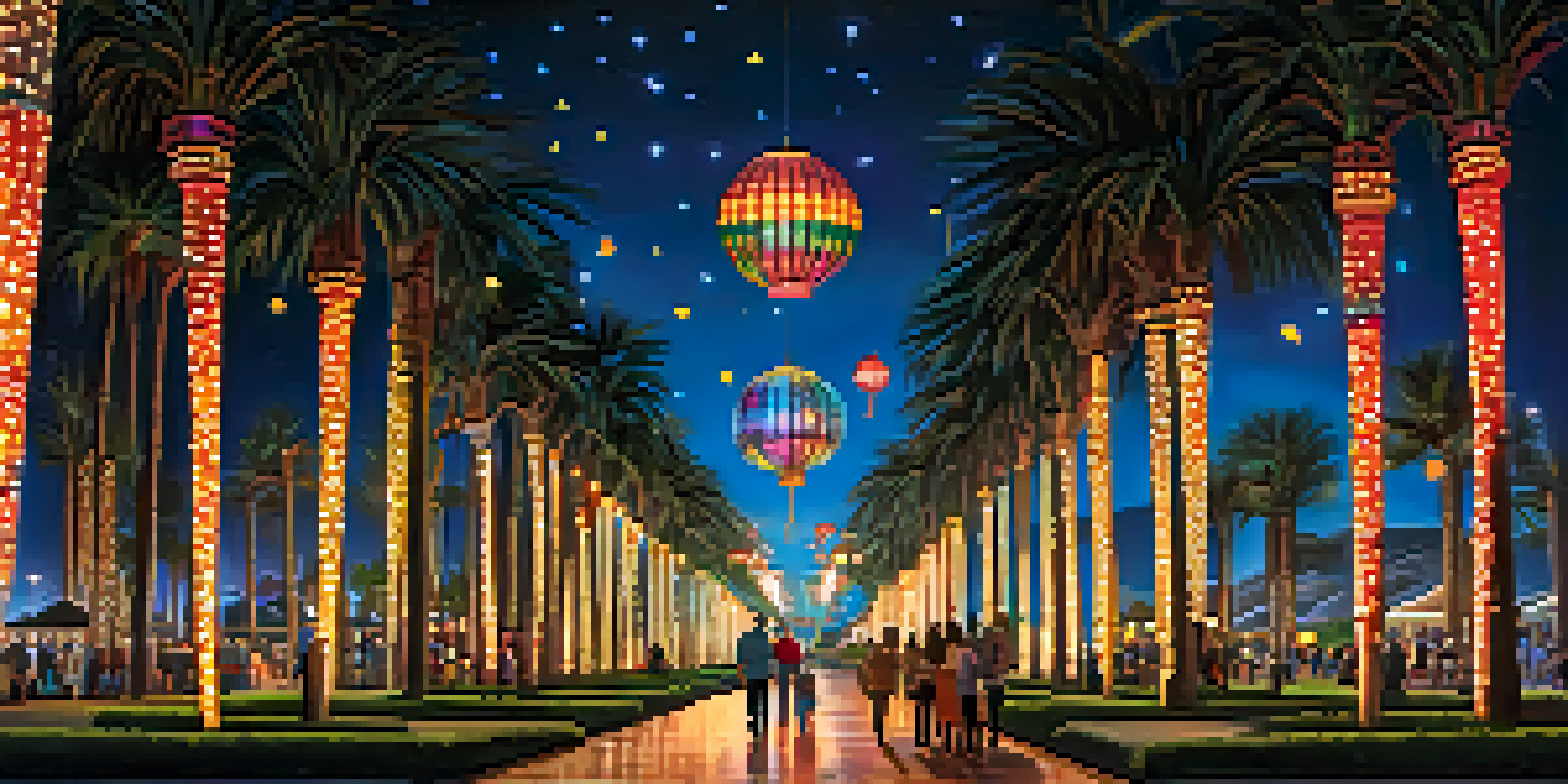 Families enjoying the Arizona Festival of Lights, surrounded by colorful light displays and lanterns on a starry night.