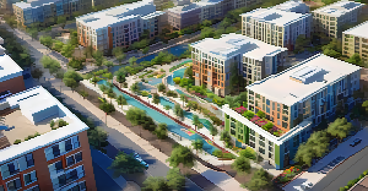 An aerial view of a mixed-use development in Arizona, highlighting green parks and pedestrian pathways.