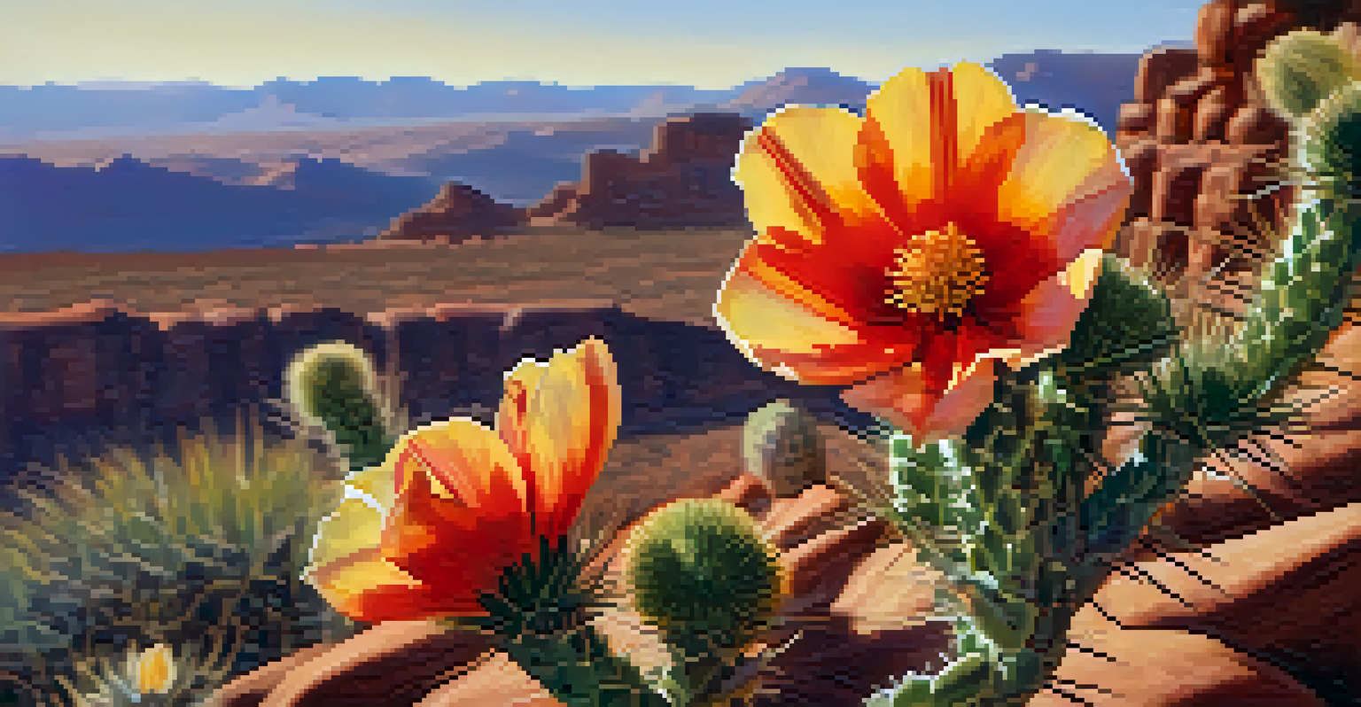 A close-up of a blooming desert flower with a blurred Arizona landscape in the background, illuminated by sunlight.
