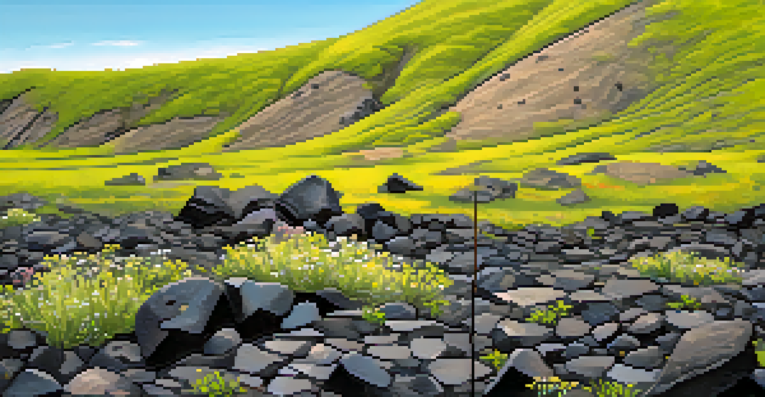 Close-up of a cinder cone in Flagstaff, showing black volcanic rock texture with green moss and wildflowers in soft morning light.