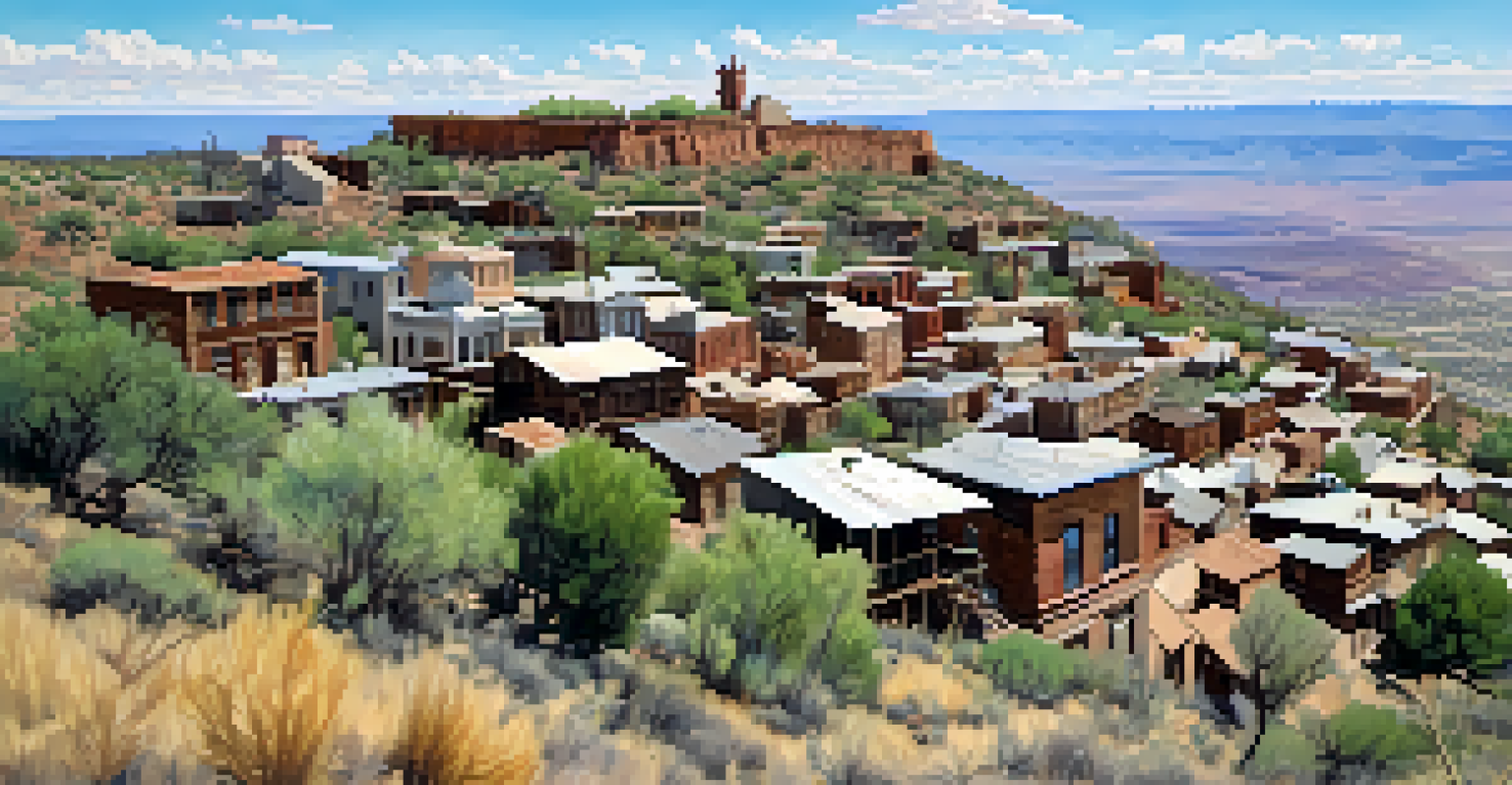 An aerial view of the ghost town of Jerome, Arizona, showcasing historic buildings and the Verde Valley below.