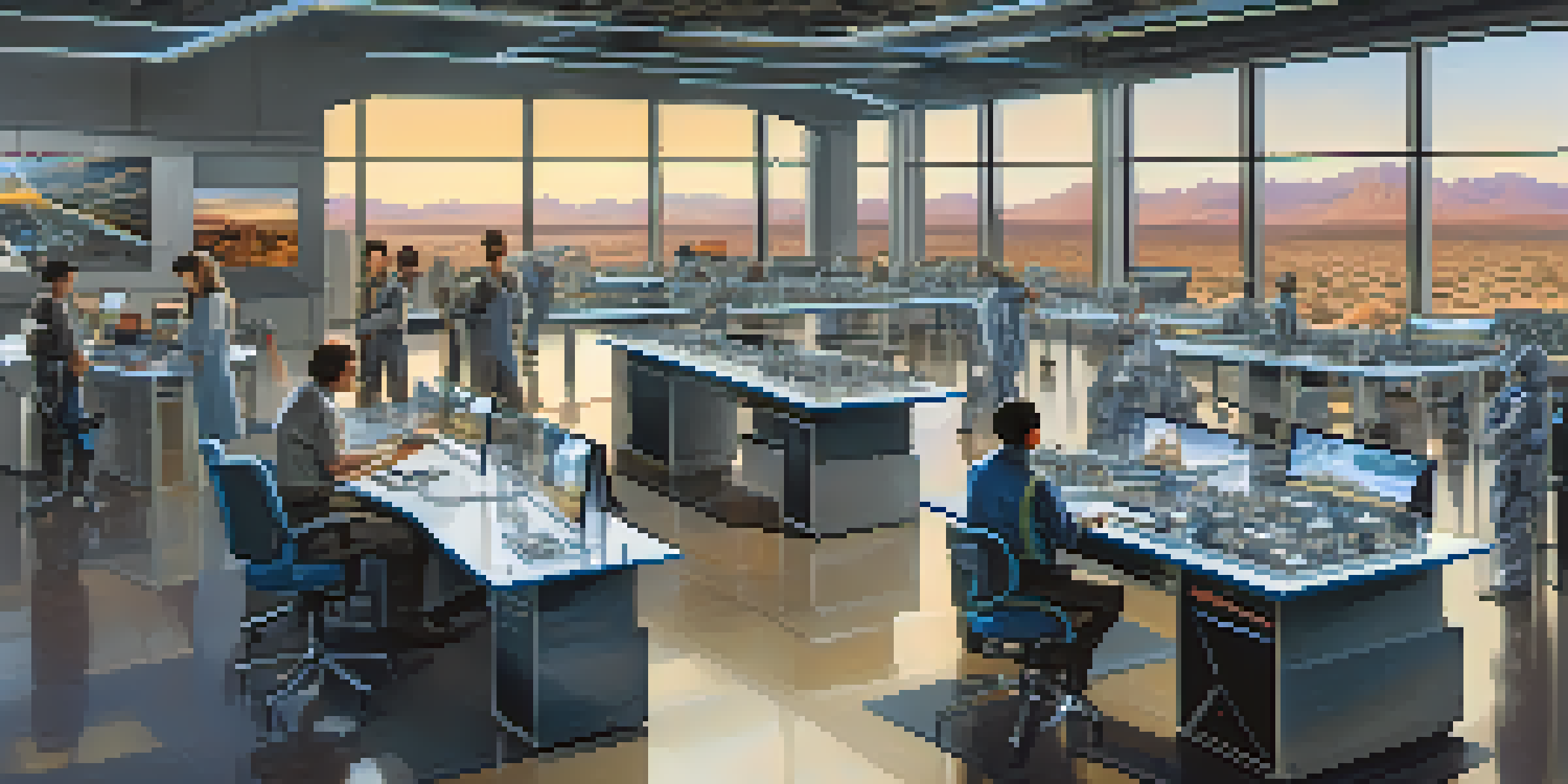 A diverse group of engineers collaborating in a high-tech aerospace lab with a view of the Arizona desert outside.