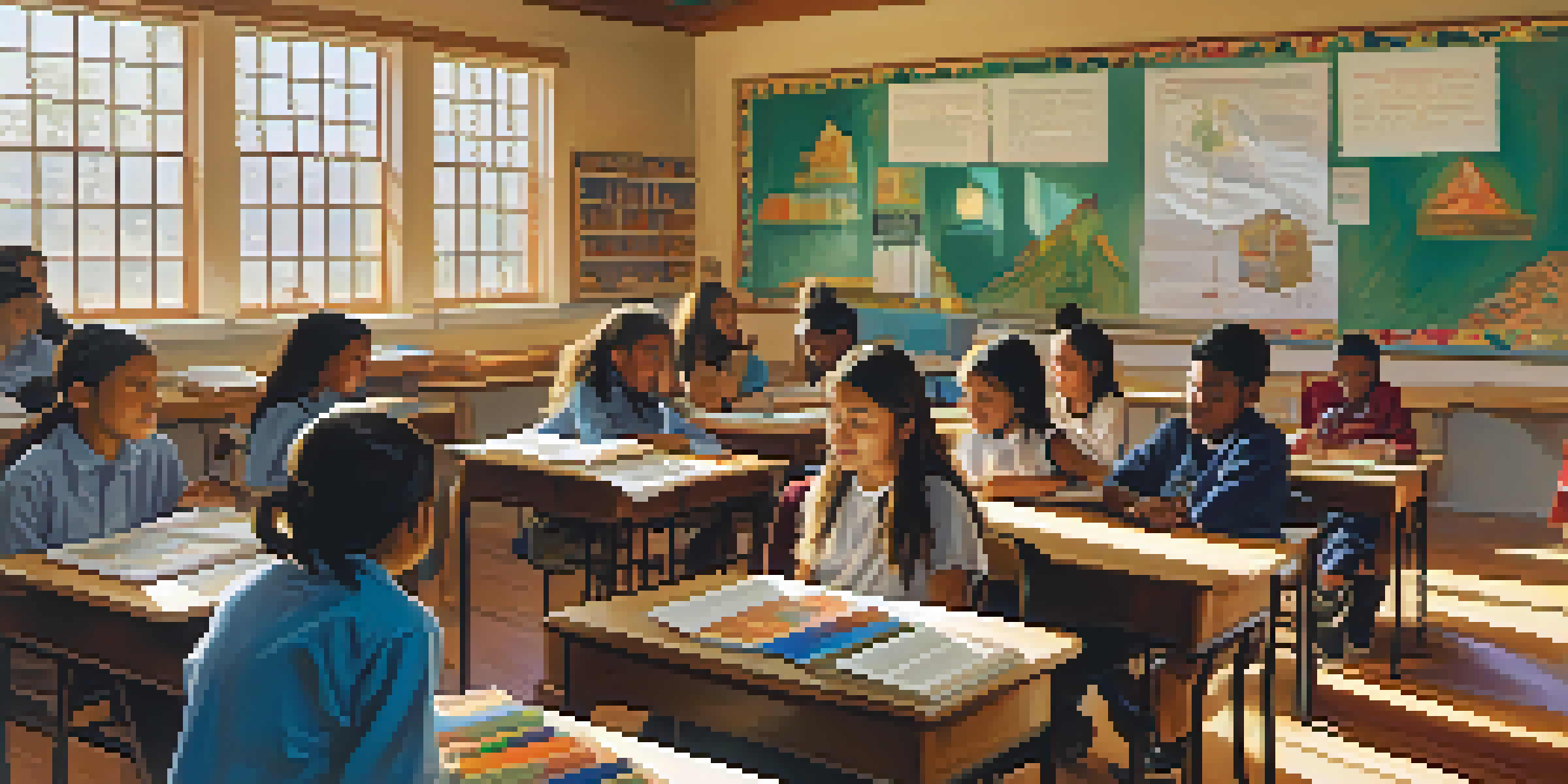 A lively classroom filled with Native American students participating in a group project, surrounded by cultural artwork and bright natural light.