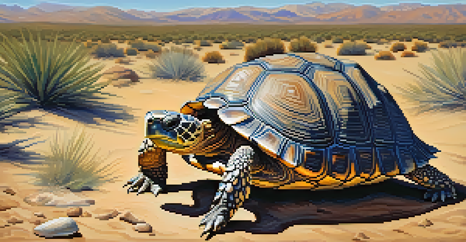 A close-up of a desert tortoise on dry ground, showcasing its textured shell and surroundings.