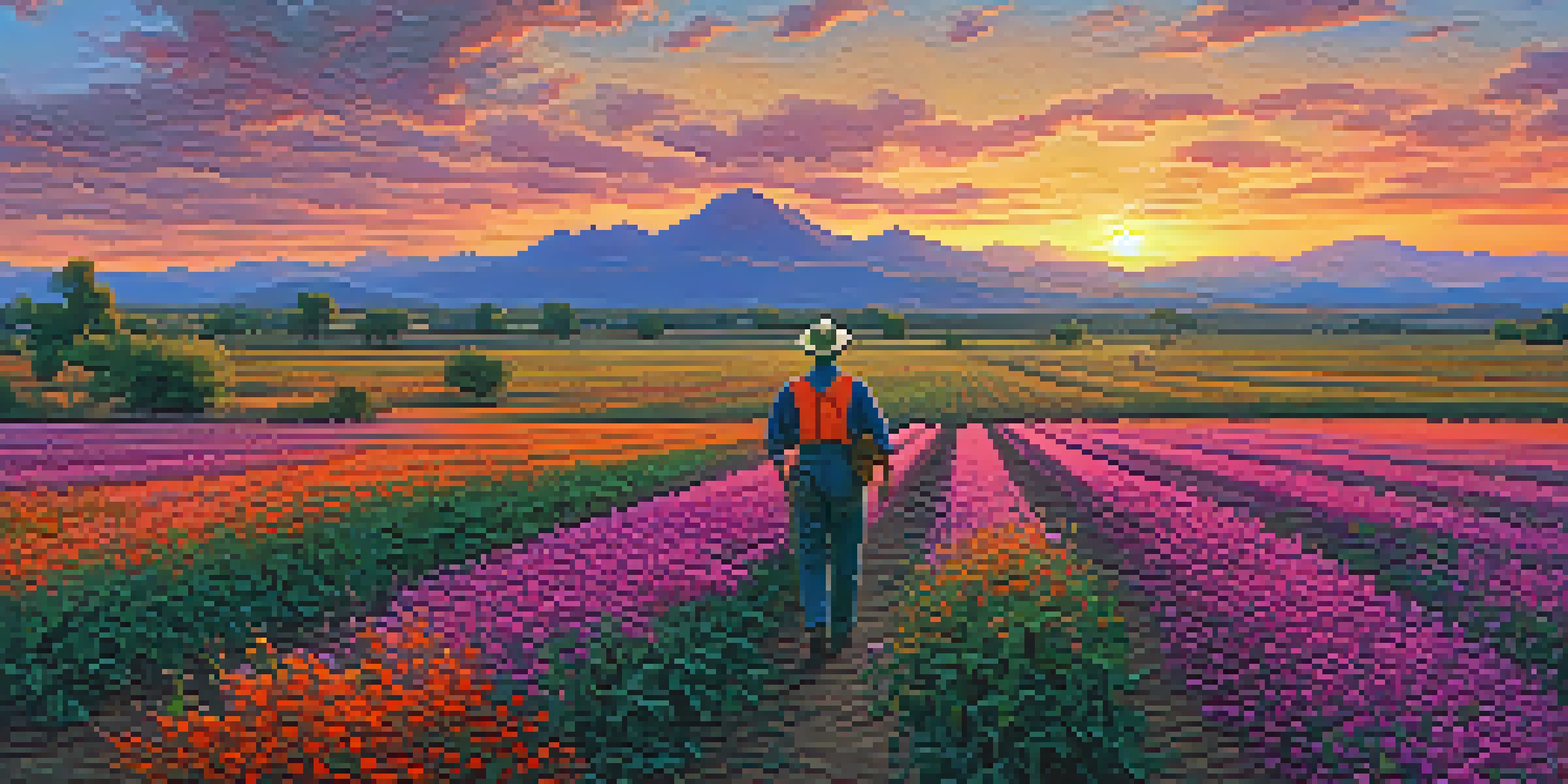 A farmer inspecting lush cotton crops in Arizona during a vibrant sunset with colorful skies and mountains in the background.