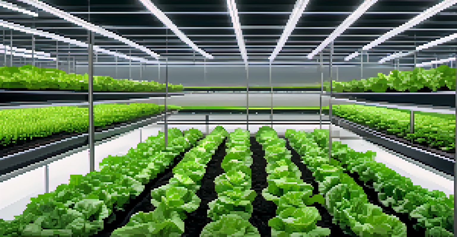 A modern indoor vertical farm in Arizona with rows of thriving lettuce and herbs illuminated by artificial lighting.