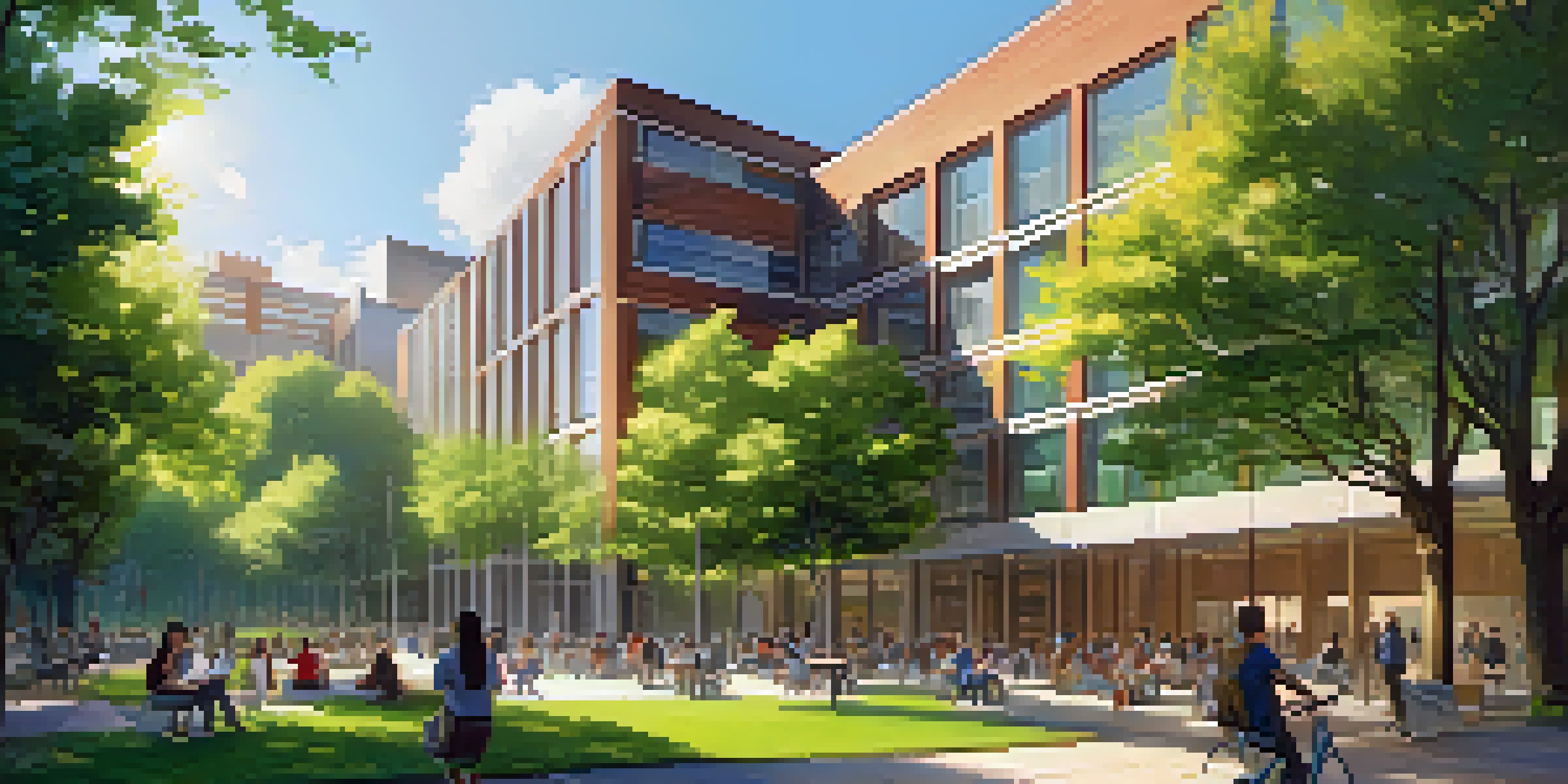 A lively university campus with students collaborating outdoors under sunlight, surrounded by trees and modern buildings.