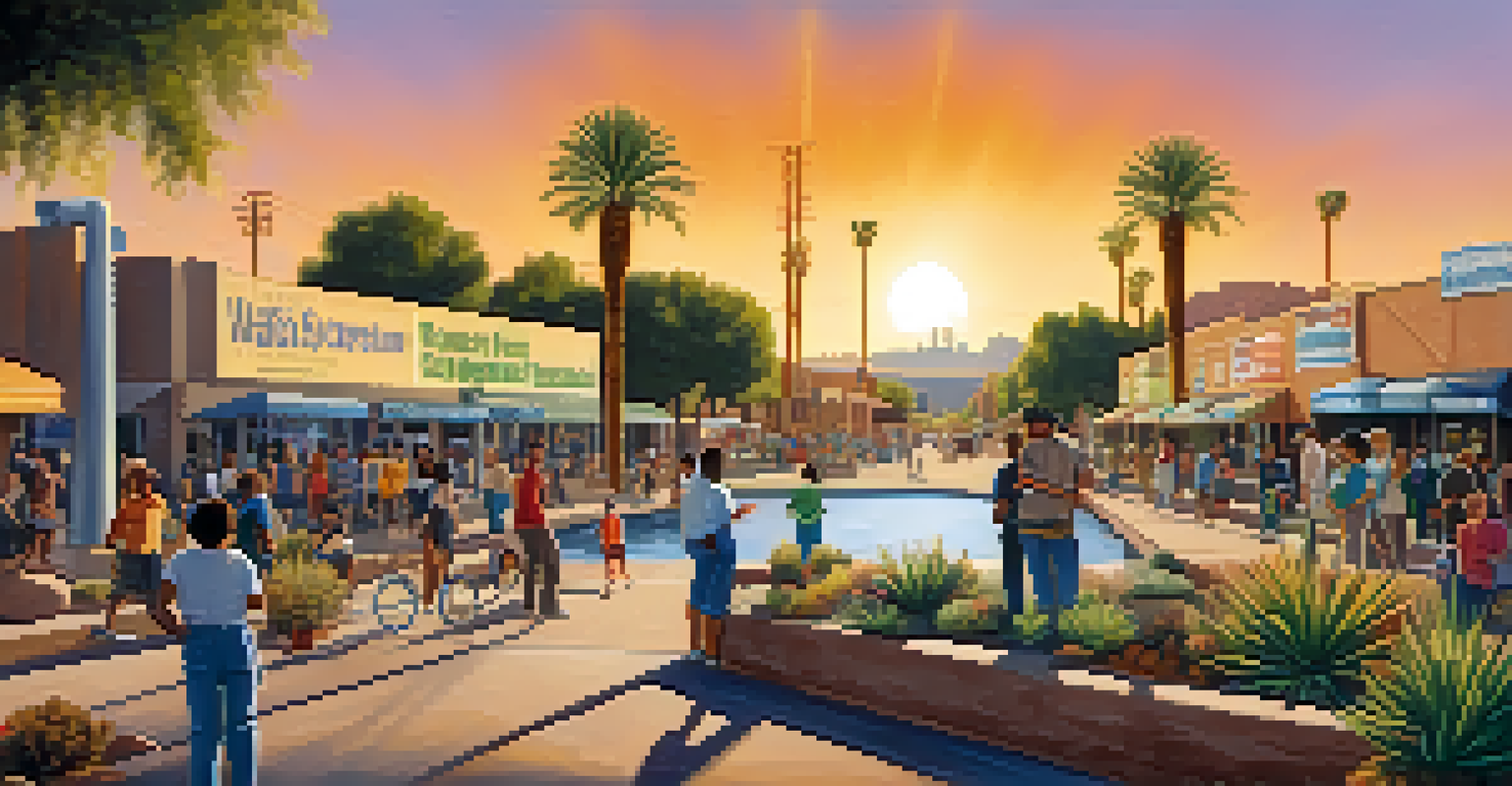 Community members in Phoenix participating in a water conservation event, with banners and activities promoting water-saving practices.