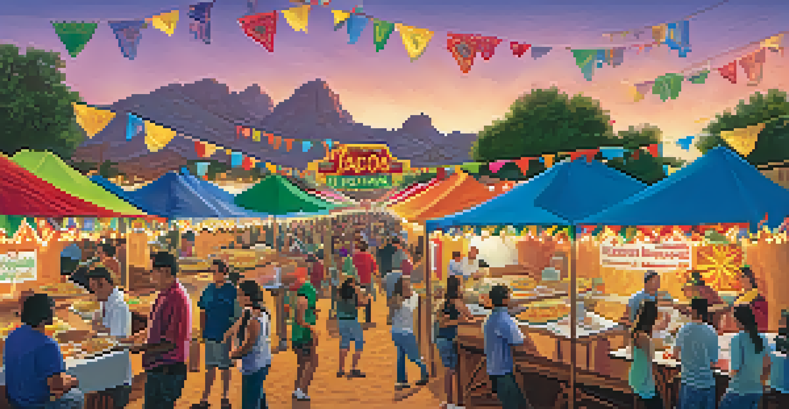 A lively taco festival with colorful stands offering various tacos, and people enjoying food and a cooking competition in the background.