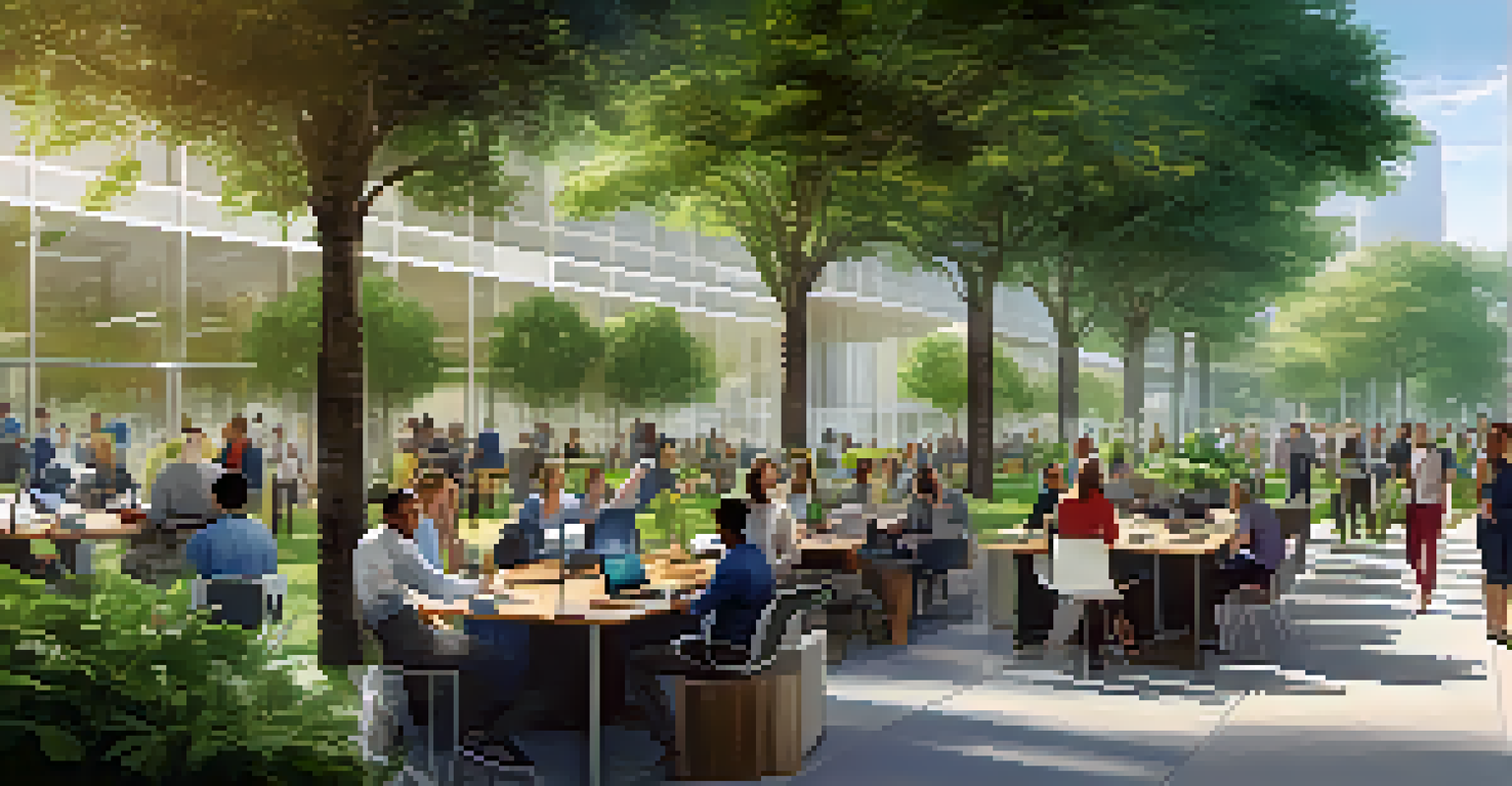 A tech park in Arizona with entrepreneurs networking in green spaces and modern buildings, highlighting sustainability.