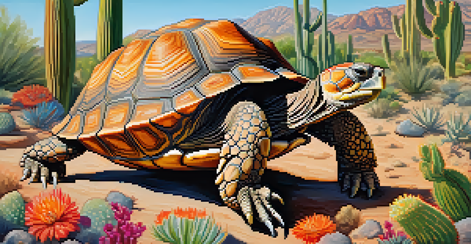 A close-up of a desert tortoise basking in sunlight, surrounded by cacti and desert flowers in Arizona.
