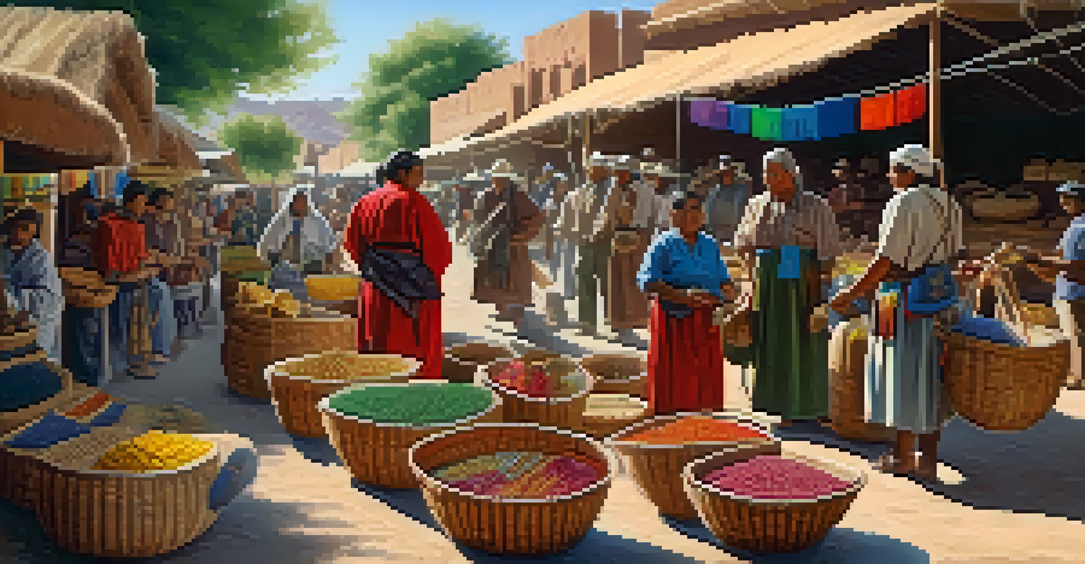 An outdoor market scene with Apache artisans displaying woven baskets and jewelry, surrounded by colorful banners and trees in sunlight.