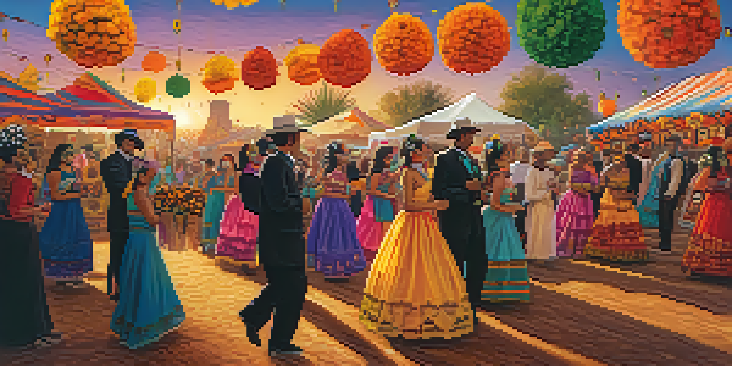 A lively Dia de los Muertos celebration with colorful altars, traditional dancers, and a warm evening glow.