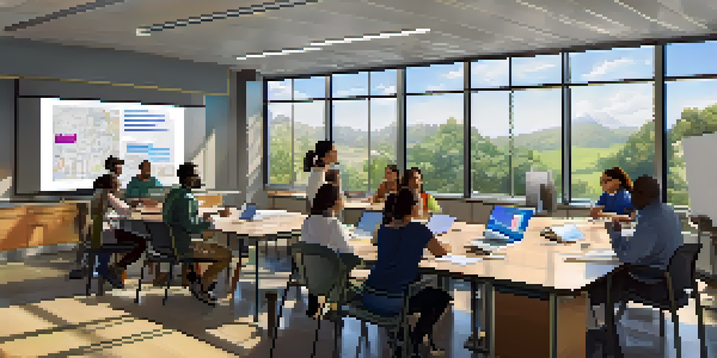 A group of people from diverse backgrounds collaboratively participating in a training session, with modern equipment and a bright classroom.
