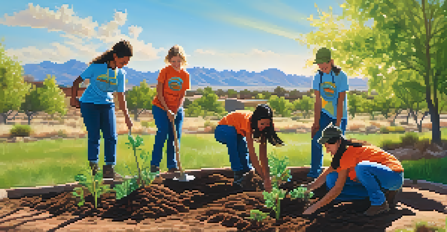 Young volunteers planting trees in a sunny Arizona park, with clear blue skies and green surroundings, illustrating teamwork and environmental care.