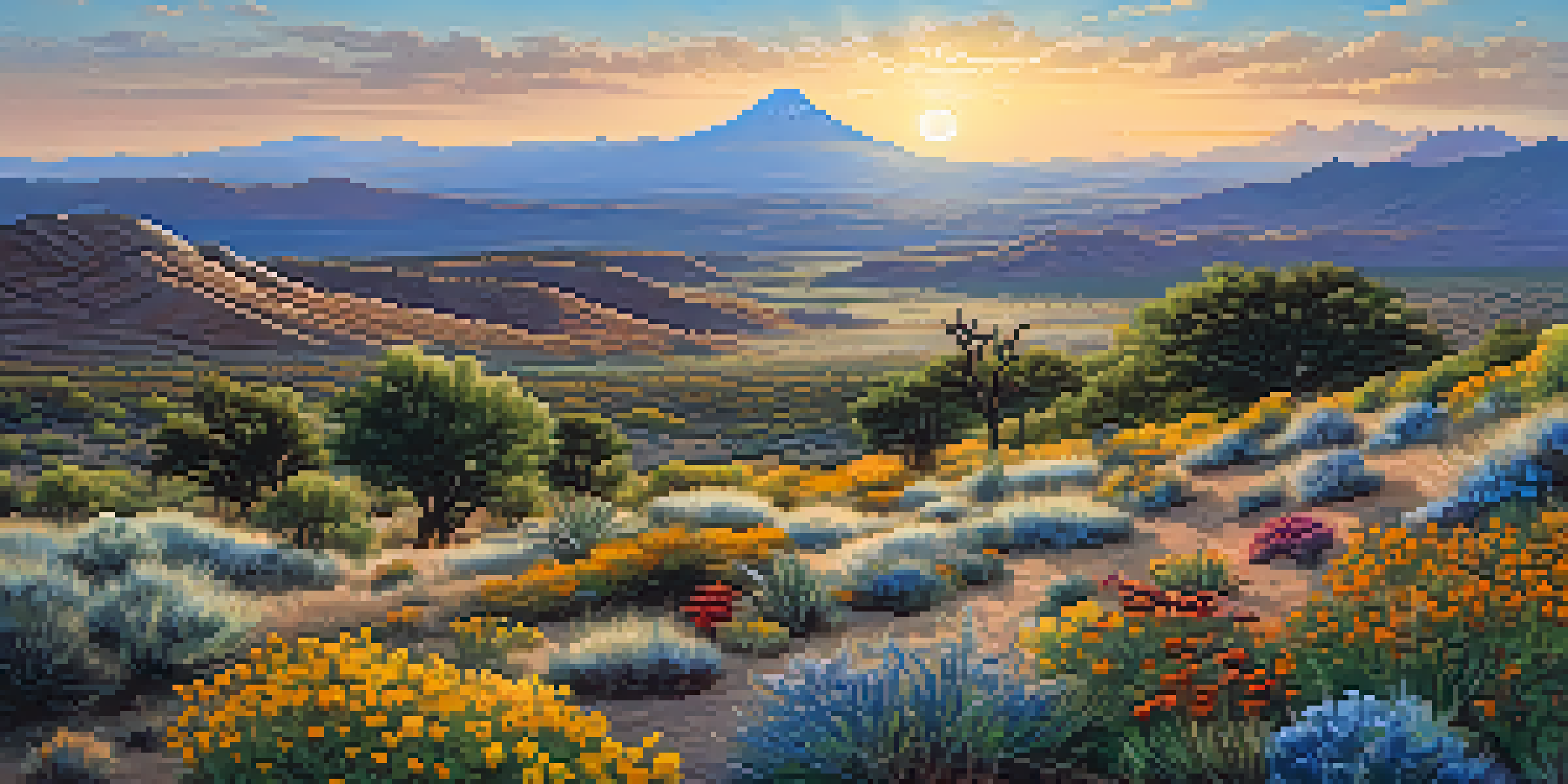 A picturesque view of Apache lands with rolling hills, wildflowers, and mountains under a blue sky during sunset.