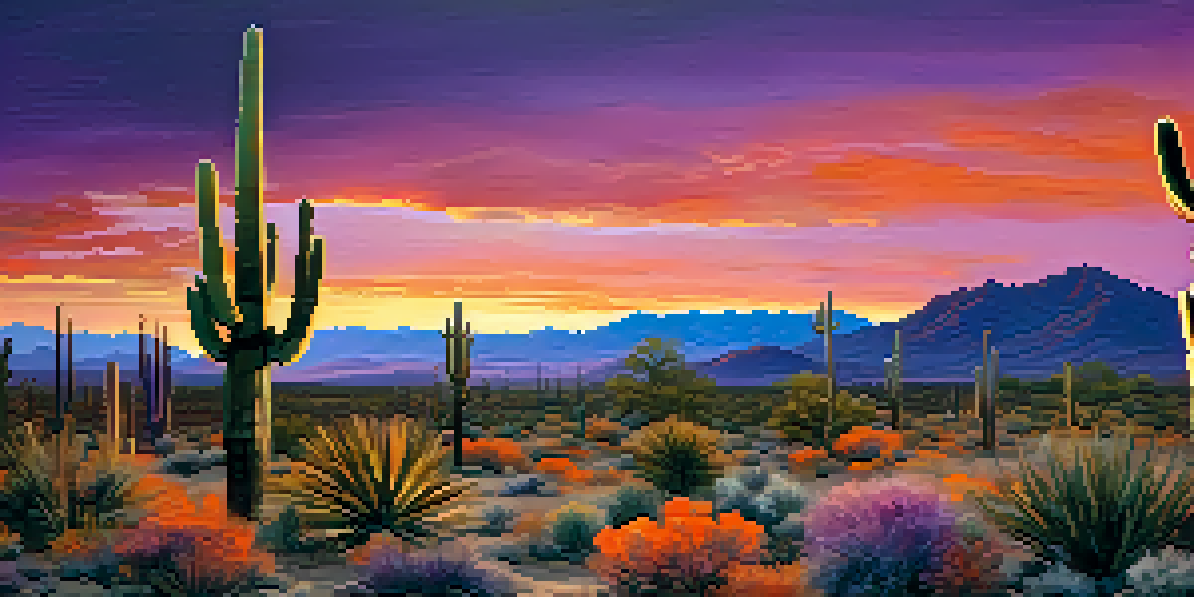 A panoramic view of the Arizona desert at sunset with saguaro cacti and colorful skies.