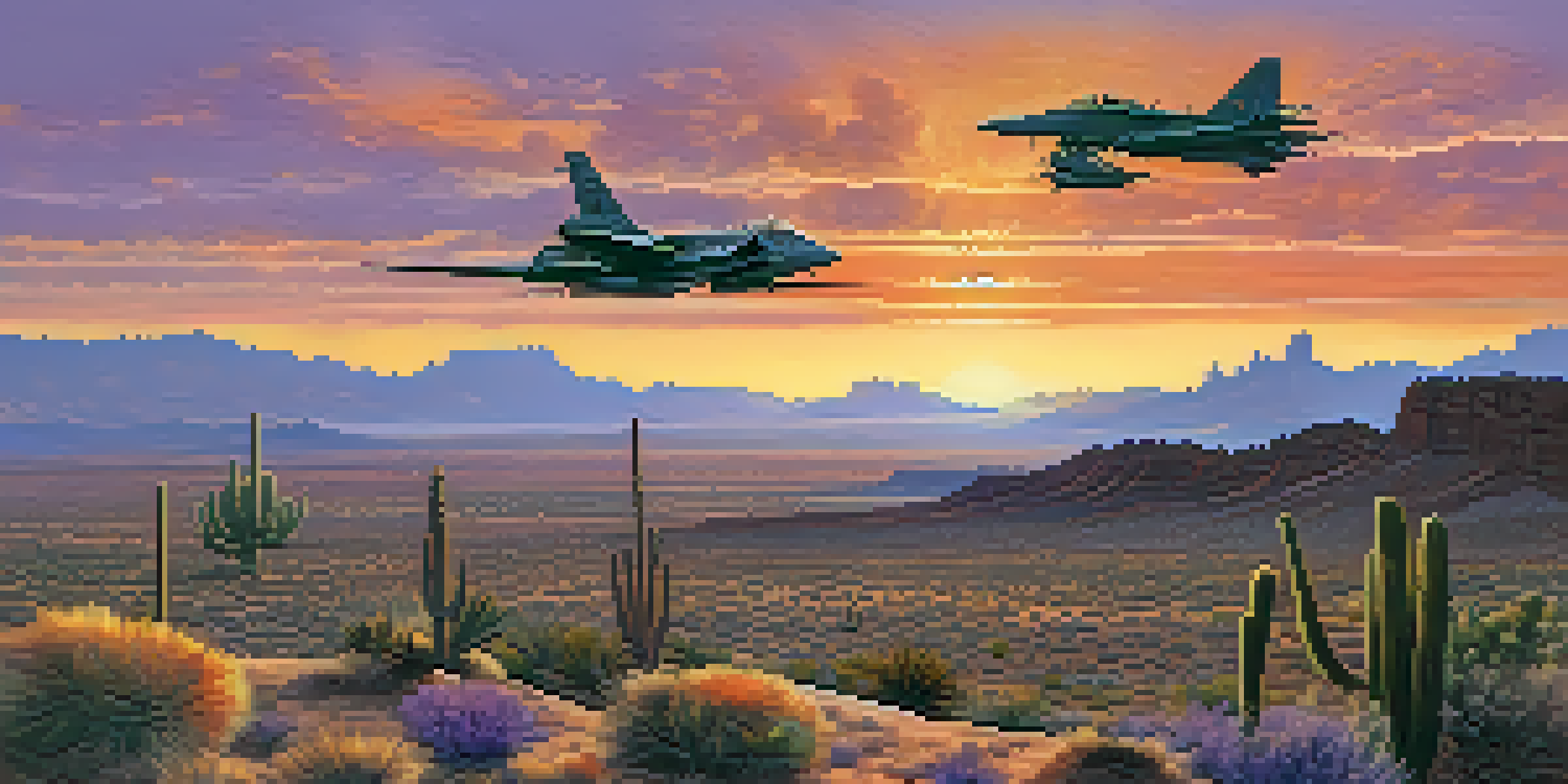 A scenic Arizona desert at sunset with military aircraft flying in the sky and mountains in the background, featuring cacti in the foreground.