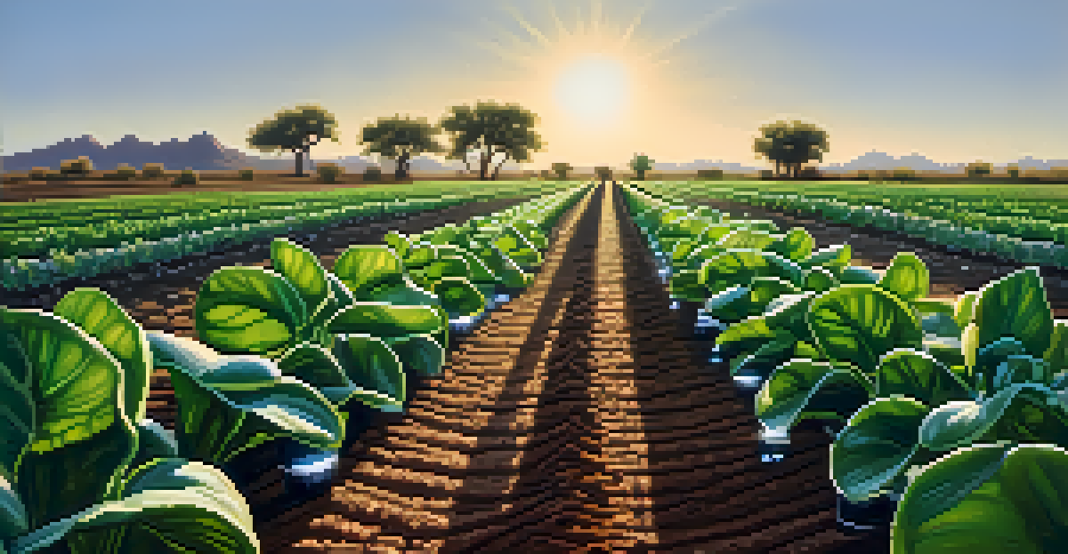 A close-up view of a drip irrigation system with water droplets on drought-resistant crops in an Arizona farm, under soft morning light.