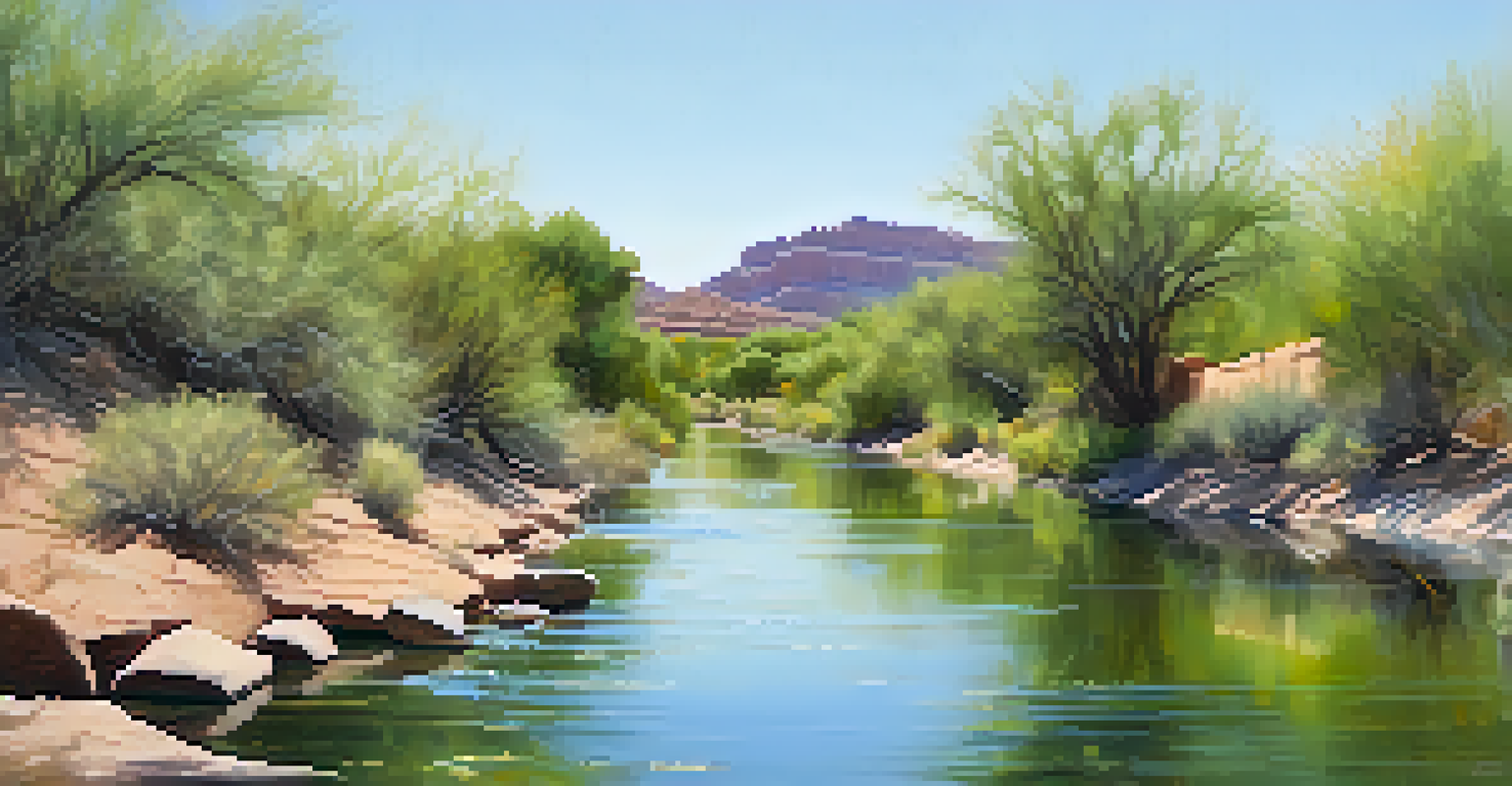 A close-up view of the Arizona Canal with clear water and lush vegetation along its banks.