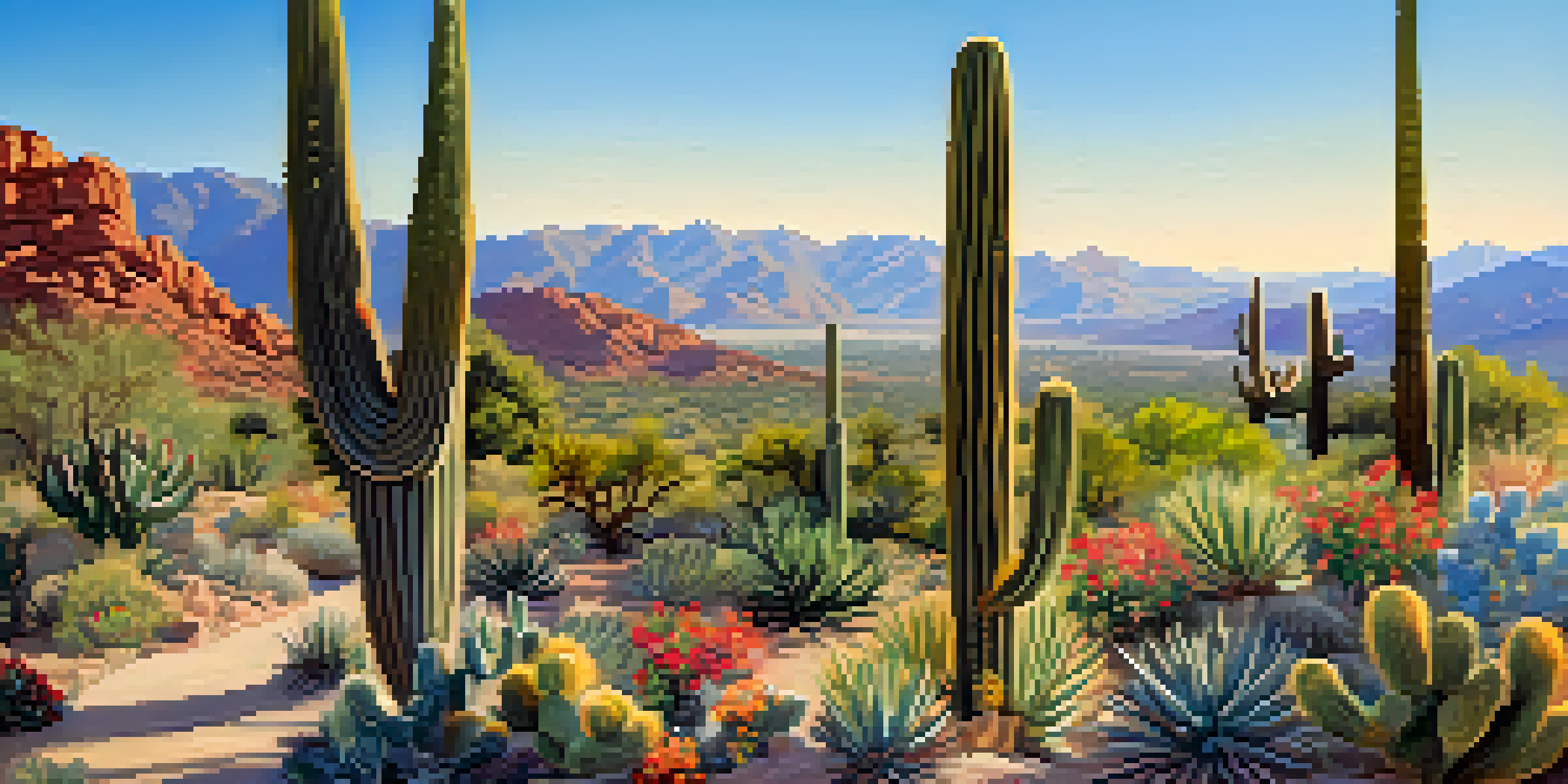 A scenic view of Boyce Thompson Arboretum's Cactus Garden, with blooming cacti and colorful flowers along a winding path, set against a clear blue sky and mountains in the background.