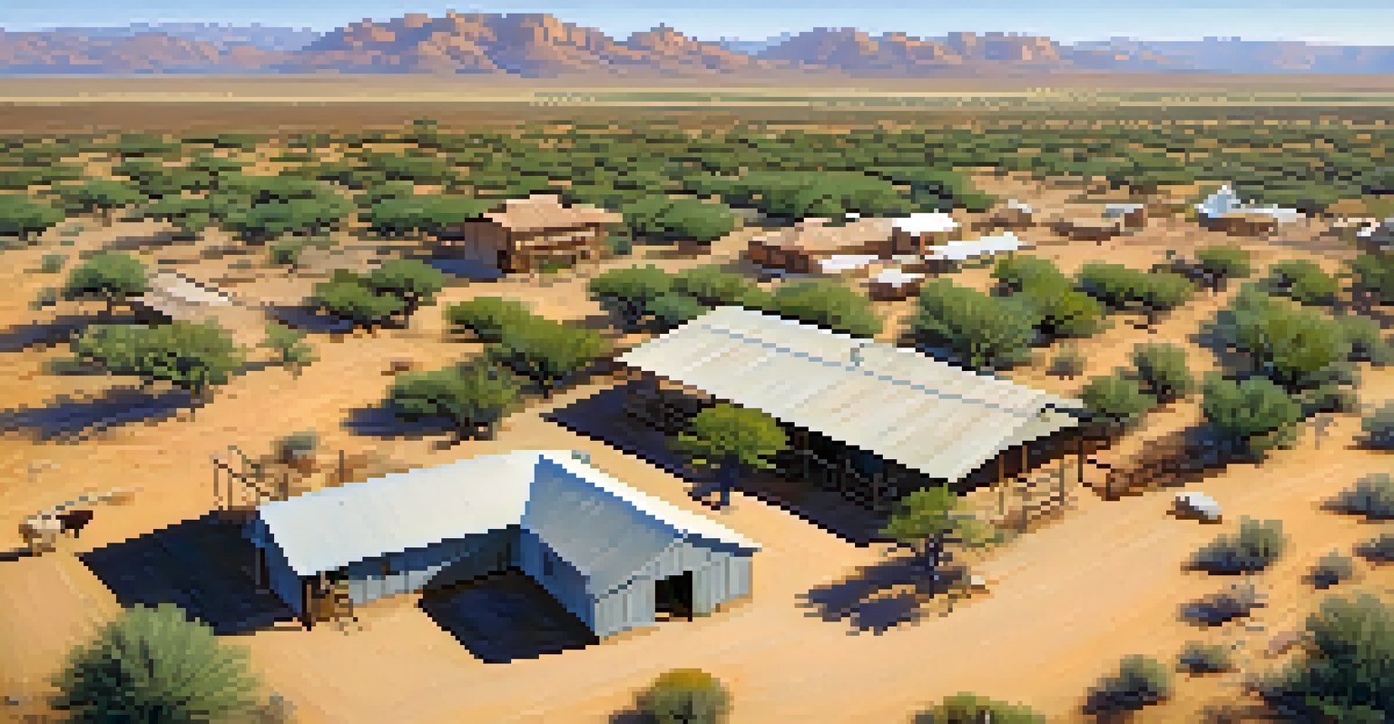Aerial view of a summer ranch in Arizona, showcasing dry desert land with green grazing patches and ranch structures under a blue sky.