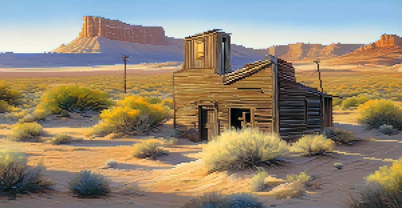 A serene landscape of Castle Dome ghost town with old buildings surrounded by vibrant desert landscapes and wildflowers.