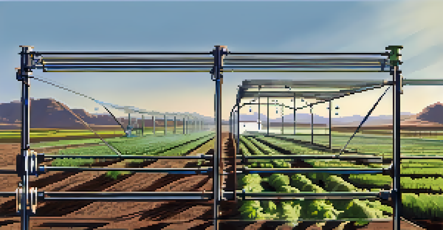 A view of an irrigation system with drip lines in a field and livestock resting in the background, highlighting water management in farming.