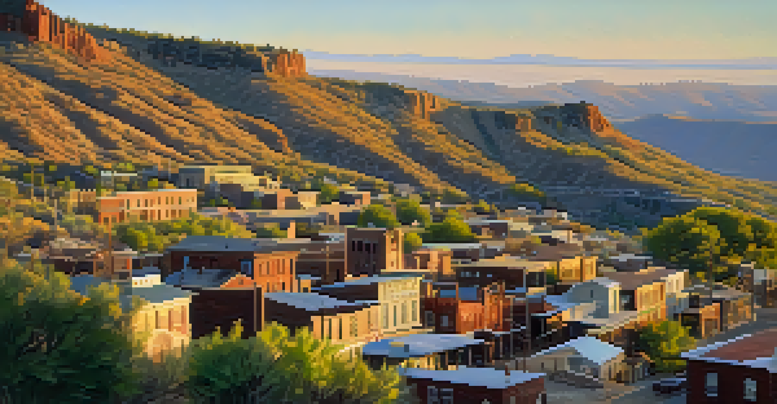 A tranquil view of Jerome, Arizona, showcasing historic buildings and mountainous terrain.