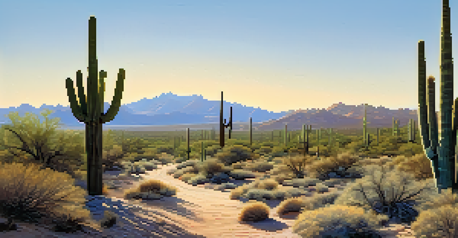 A tranquil desert landscape with a winding trail, tall saguaro cacti, and unique geological formations under a clear blue sky.