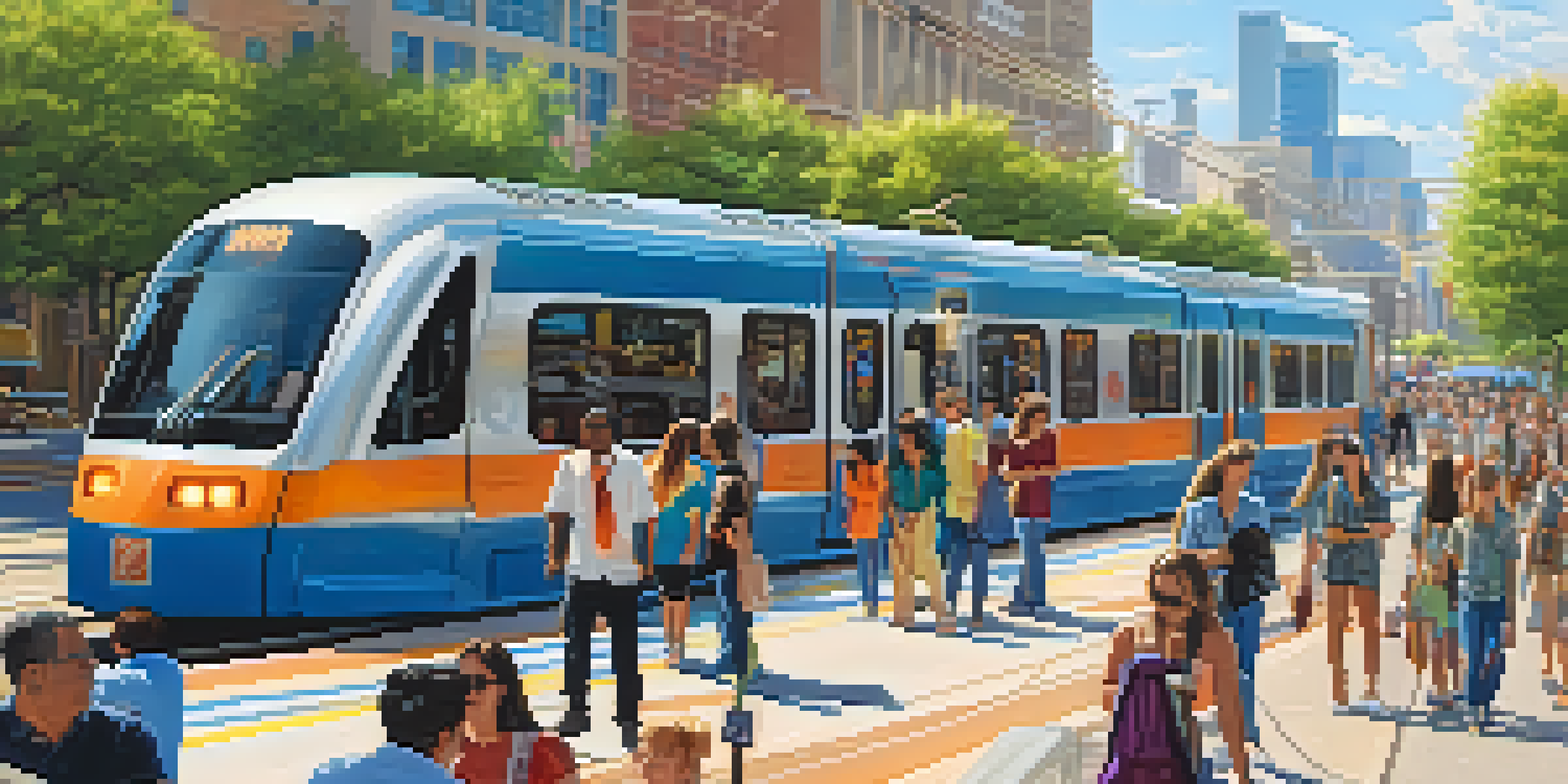 A busy light rail station in Phoenix with a train arriving, surrounded by trees and shops. People of various backgrounds are waiting at the station.