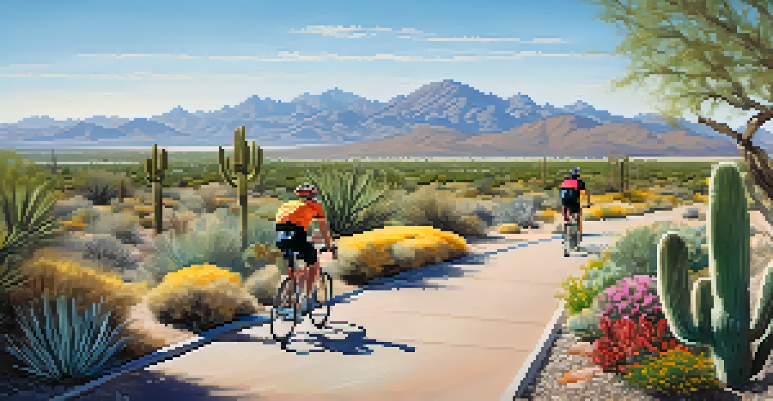 A peaceful bike path in Tucson with cyclists and desert plants, leading to mountains in the background.