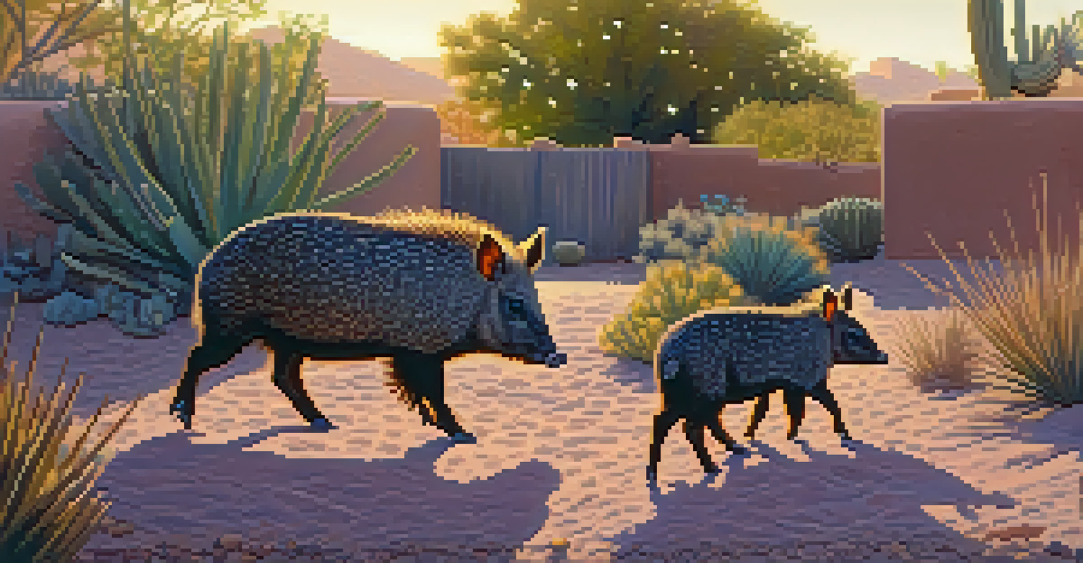 A family of javelinas exploring a backyard filled with desert plants in the morning light.