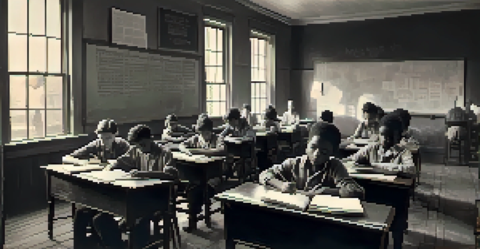 A historical classroom scene during the Great Depression, showing students and a teacher with visible signs of wear on their clothing and materials, illuminated by natural light.