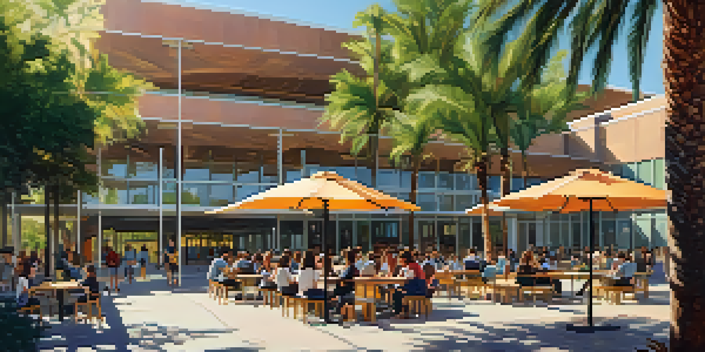 A lively university campus in Arizona with diverse students collaborating and walking around under bright sunlight, surrounded by palm trees and modern buildings.