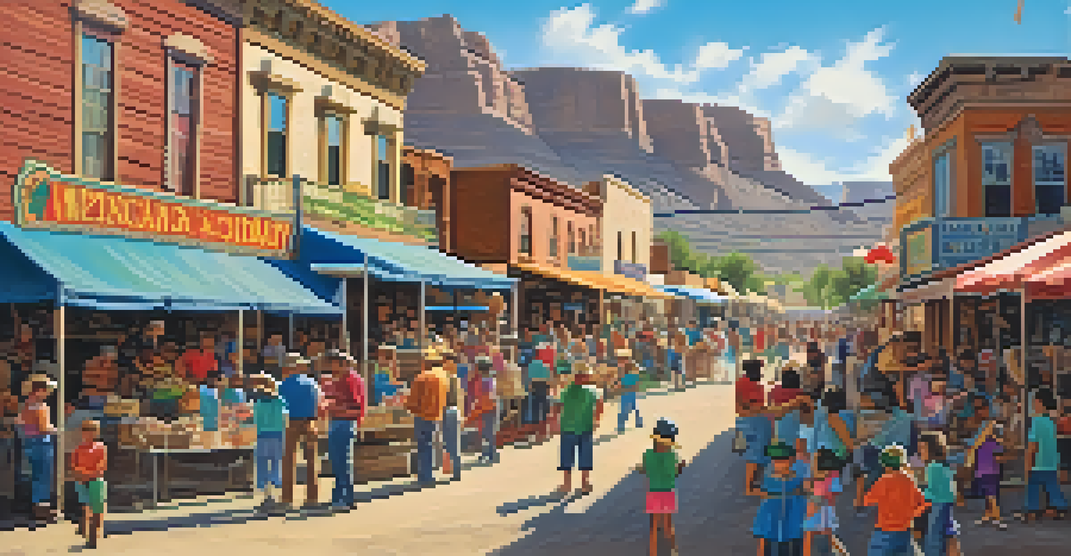 A lively festival scene in a mining town, showcasing families and colorful stalls under a sunny sky with historic buildings in the background.
