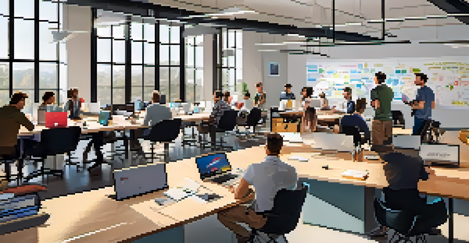 Inside a tech incubator, young professionals collaborate around a table with whiteboards and tech gadgets.