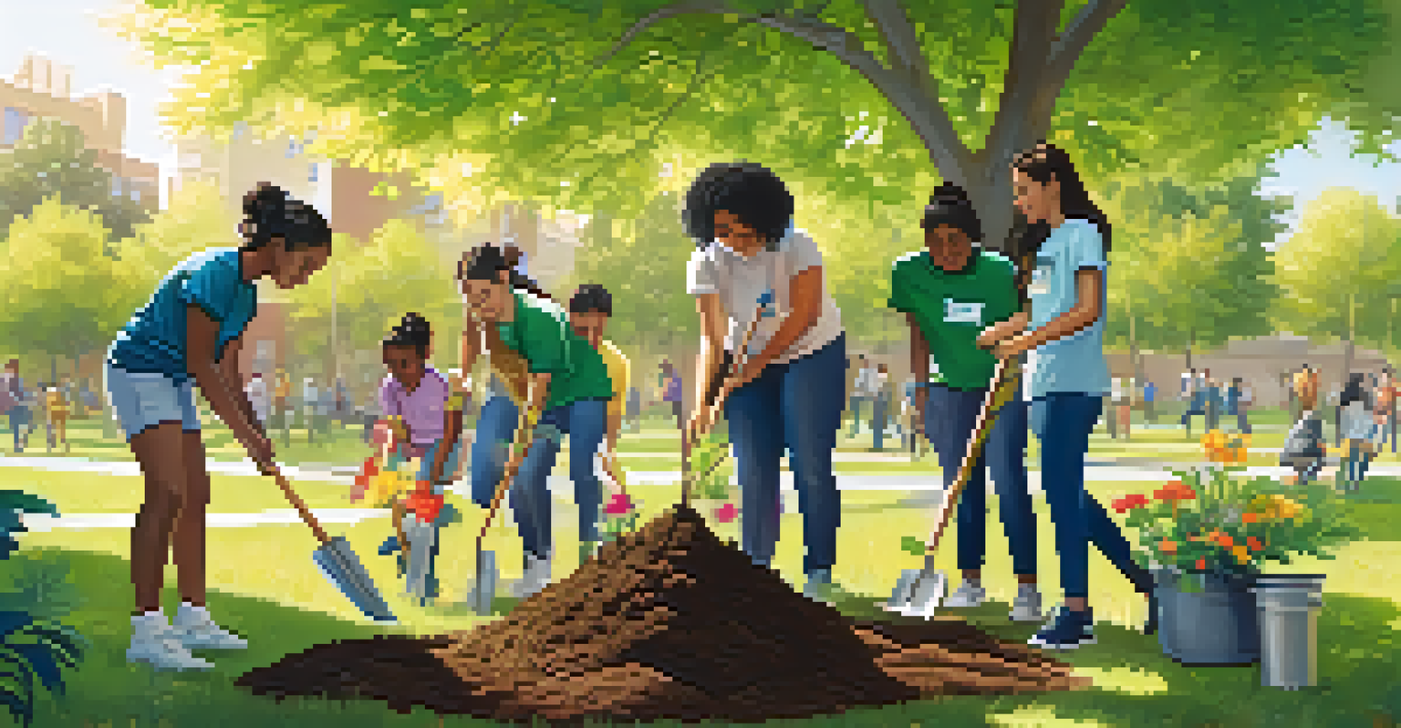 Students from diverse backgrounds volunteering to plant trees in a community park.