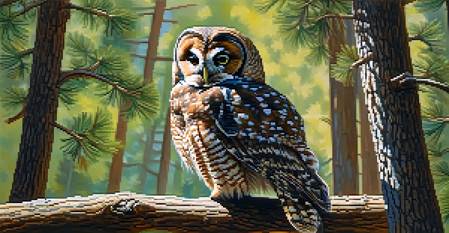 A close-up of a Mexican spotted owl sitting on a branch in a forest.