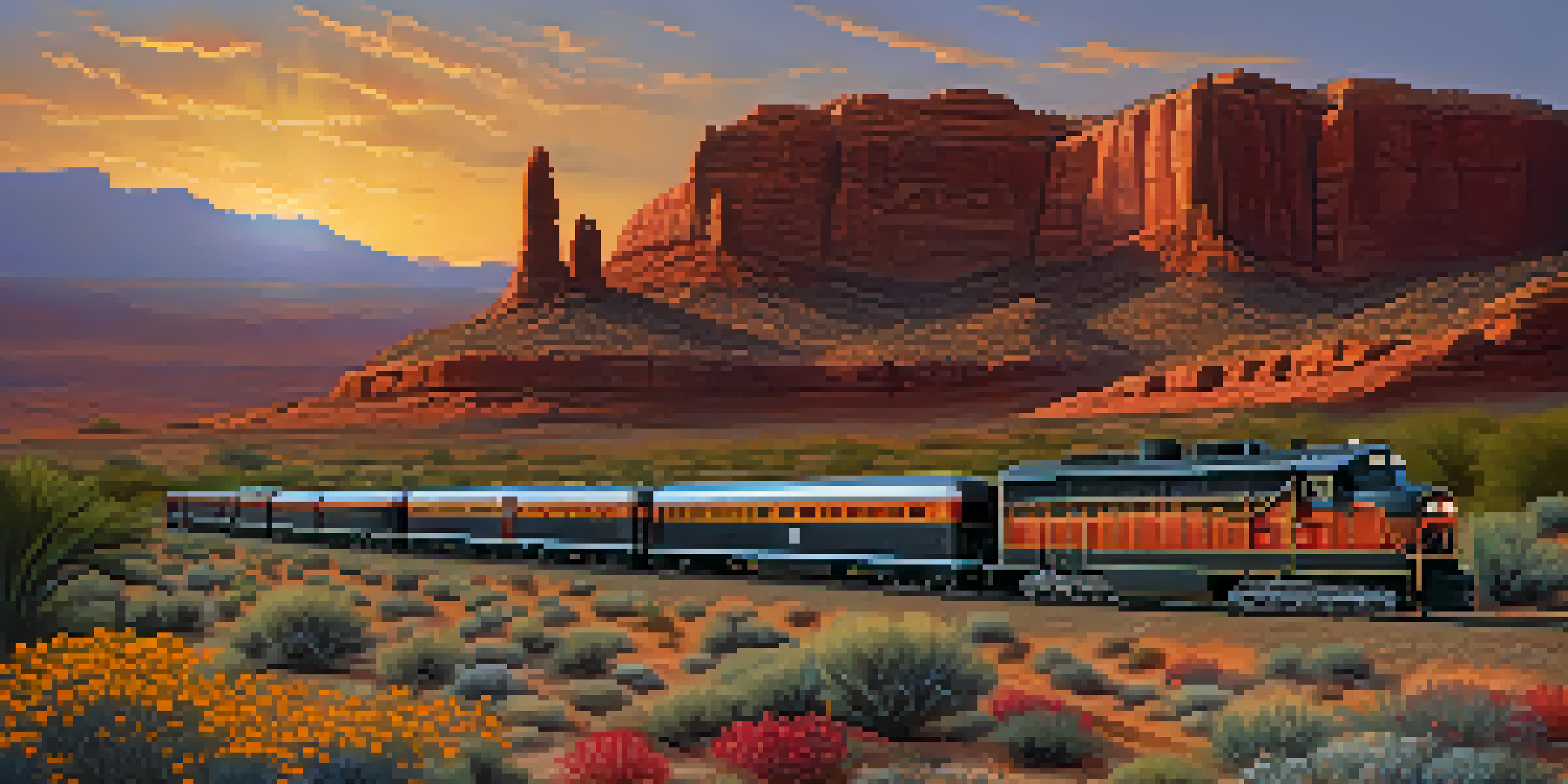 A Southern Pacific Railroad train traveling through the Arizona desert during sunset, with red rock formations and wildflowers in view.