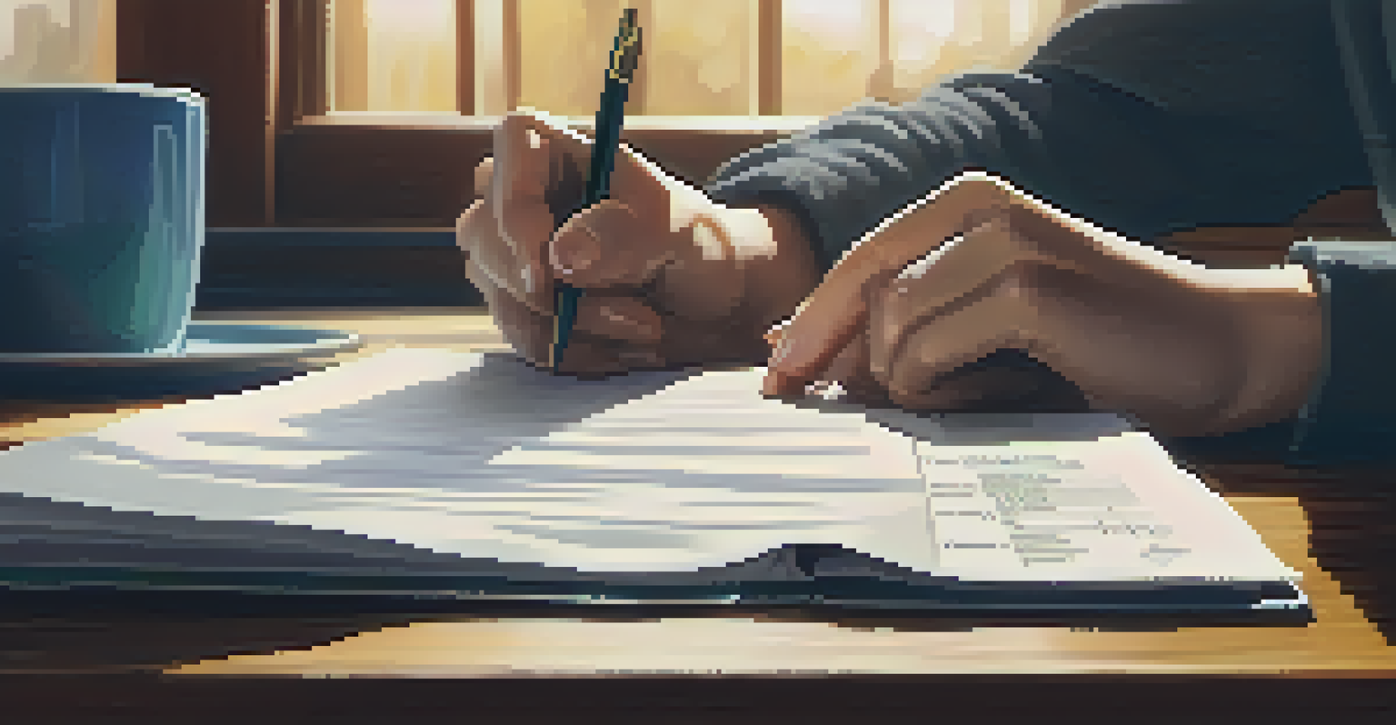 Hands filling out a scholarship application form on a wooden table with a laptop and cup of tea in the background.