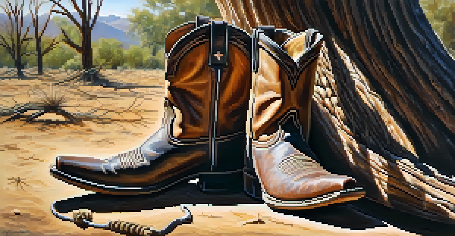 Close-up of worn leather cowboy boots and a lasso on the ground of an Arizona ranch.