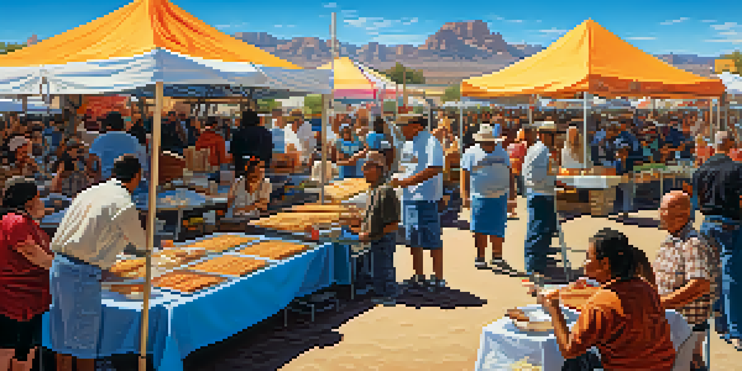 An outdoor food festival in Arizona with colorful stalls and diverse attendees enjoying traditional dishes.