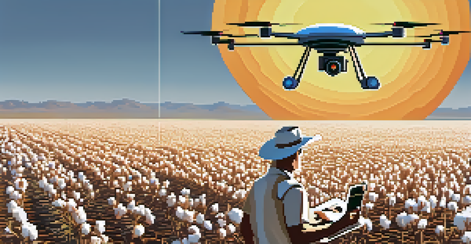 A farmer looking at a tablet displaying a thermal image, while a drone monitors a cotton field overhead.
