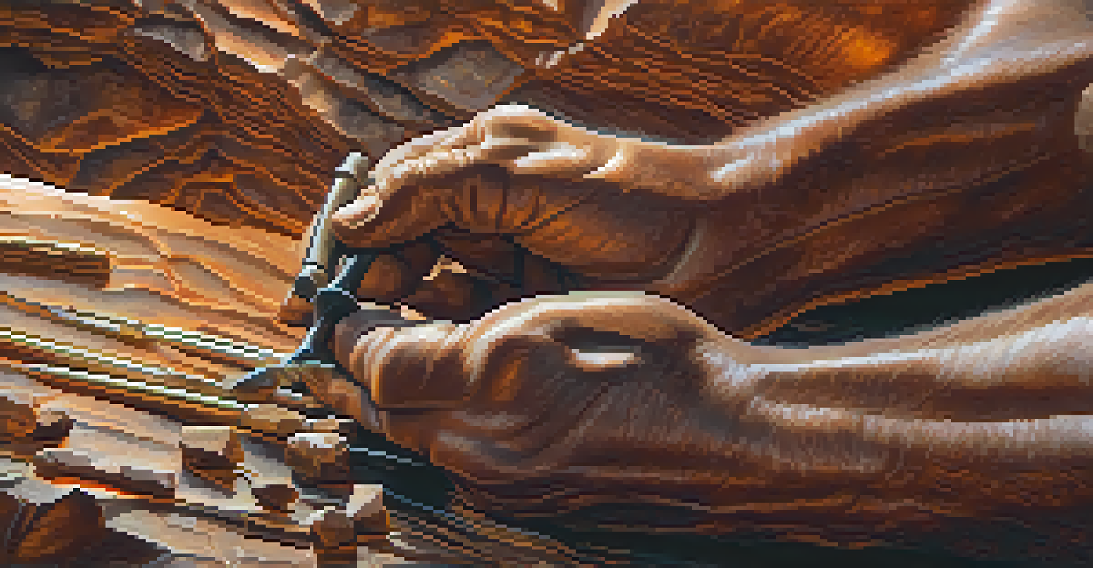 A close-up of a miner's hands extracting copper ore from a rocky surface, highlighting the copper veins and rough textures.