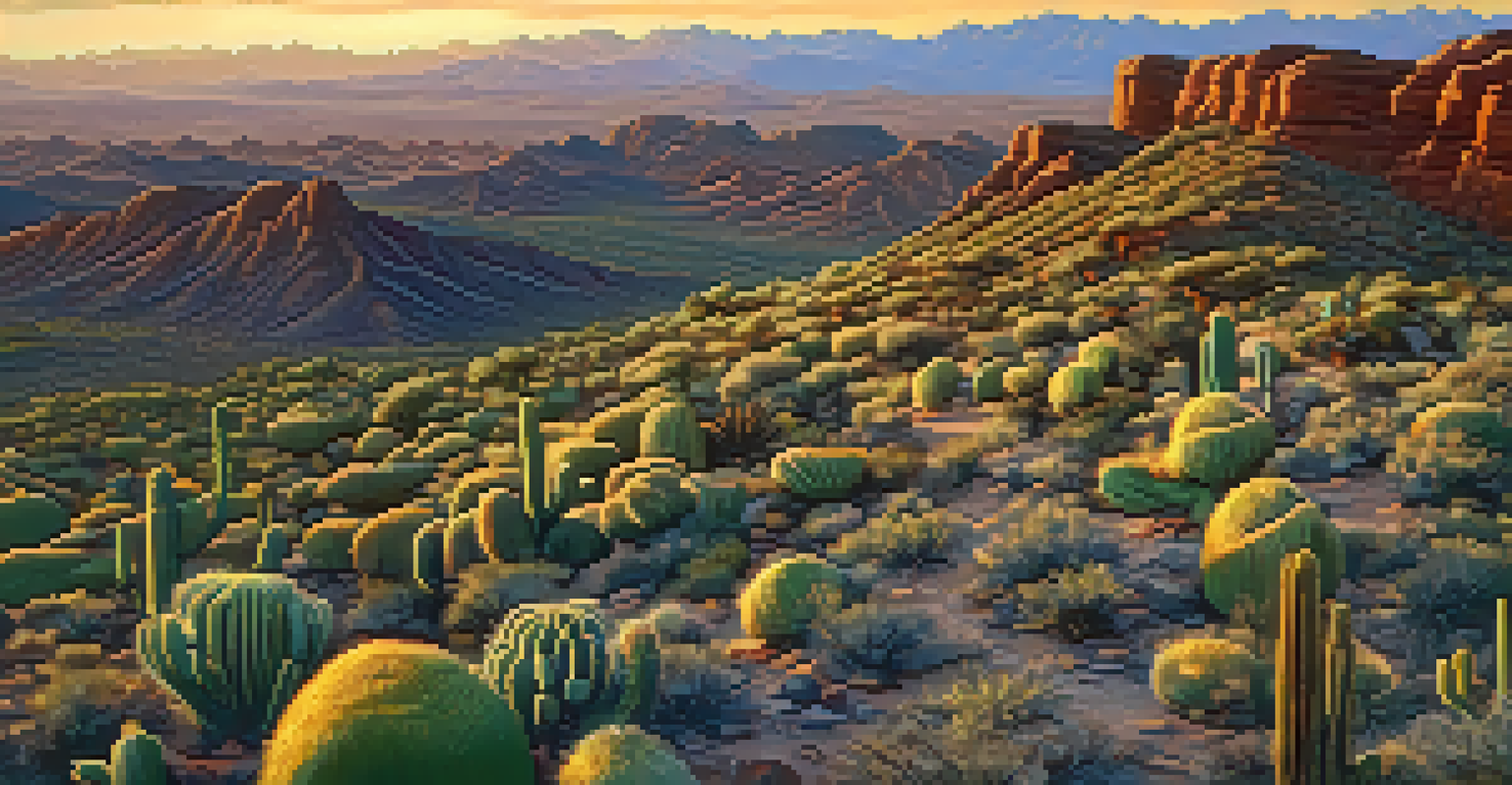 Aerial view of the Sonoran Desert, showcasing cacti, rocky terrain, and a winding river at sunset.