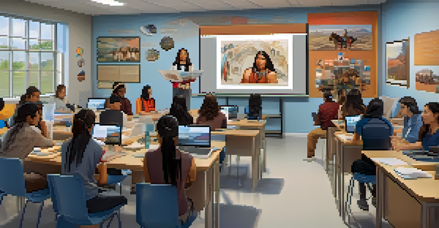 Diverse students collaborate in a modern Native American college classroom, surrounded by cultural artwork and digital screens.