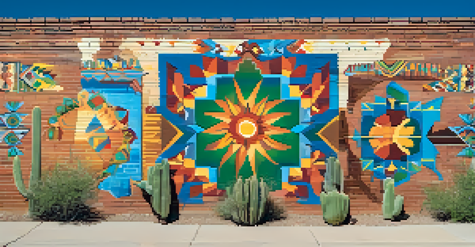 A colorful mural showcasing Arizona's cultural diversity with various artistic influences on a brick wall.