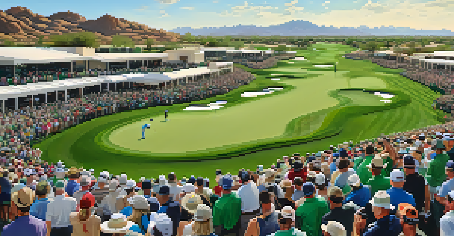 Aerial view of the Phoenix Open golf tournament with fans at the 16th hole and the desert landscape in the background.